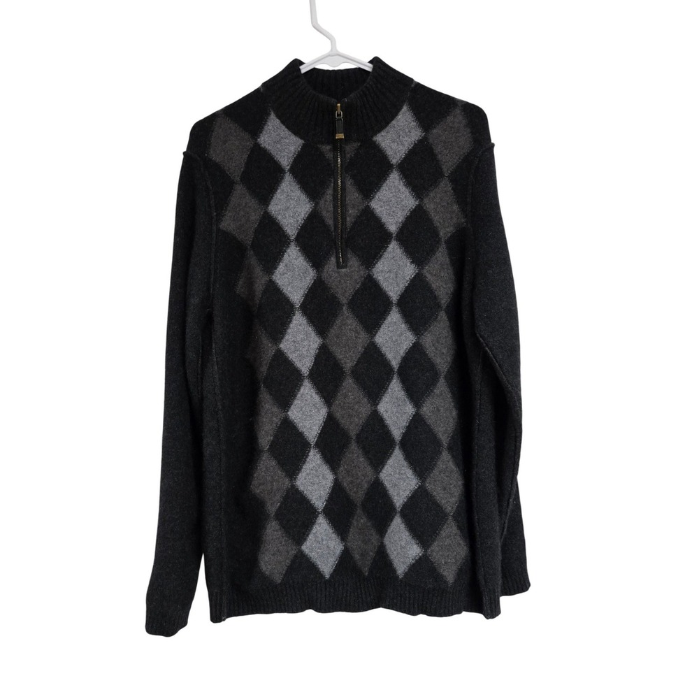 Transcript 100% Cashmere Argyle Quarter Zip Sweater Gray Black Men's Size XXL